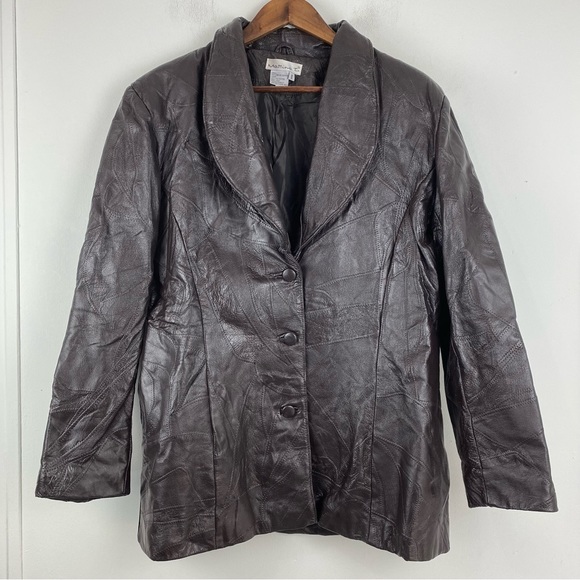 Mattina T size 16 Women’s Brown Leather Patchwork Button Up Blazer Jacket - Picture 1 of 7